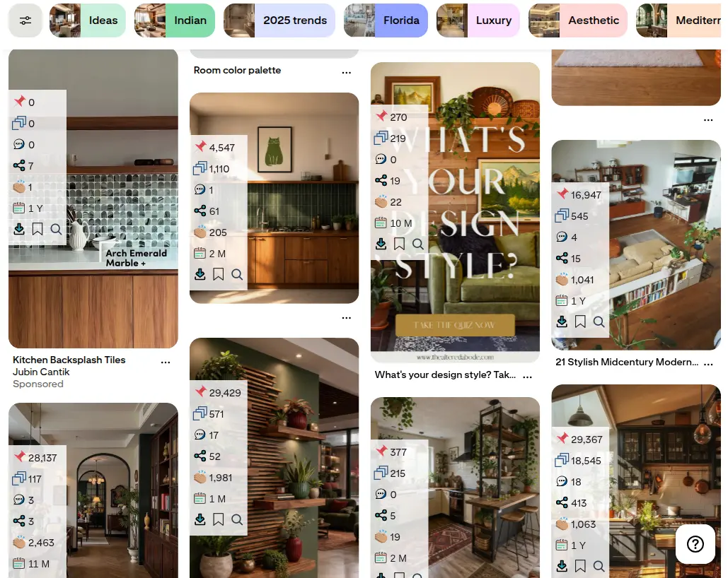 Pinterest feed with the Pin Stats overlay on each pin, showing saves, repins, comments, shares and how long ago the pin was created