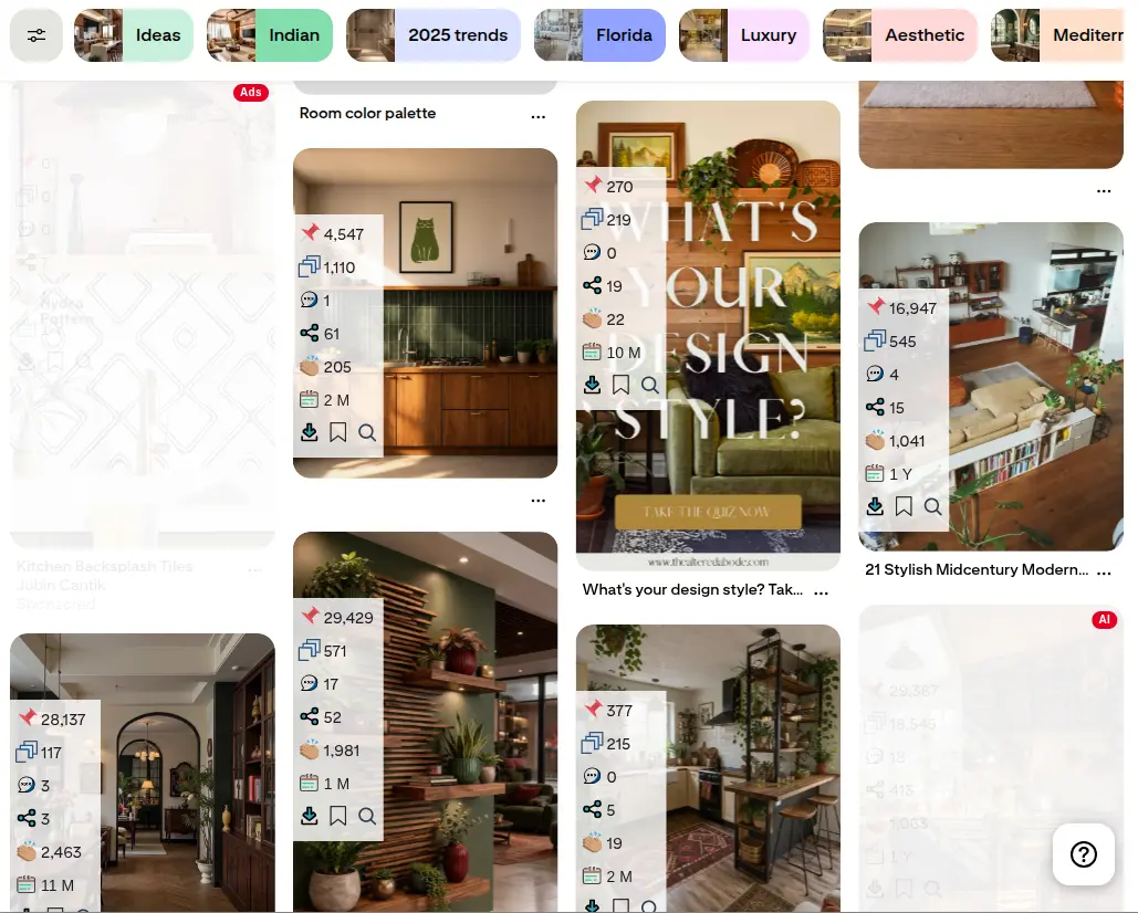 The same Pinterest feed with the Pin Stats filter active, fading out and badging the sponsored pin and an AI-generated pin