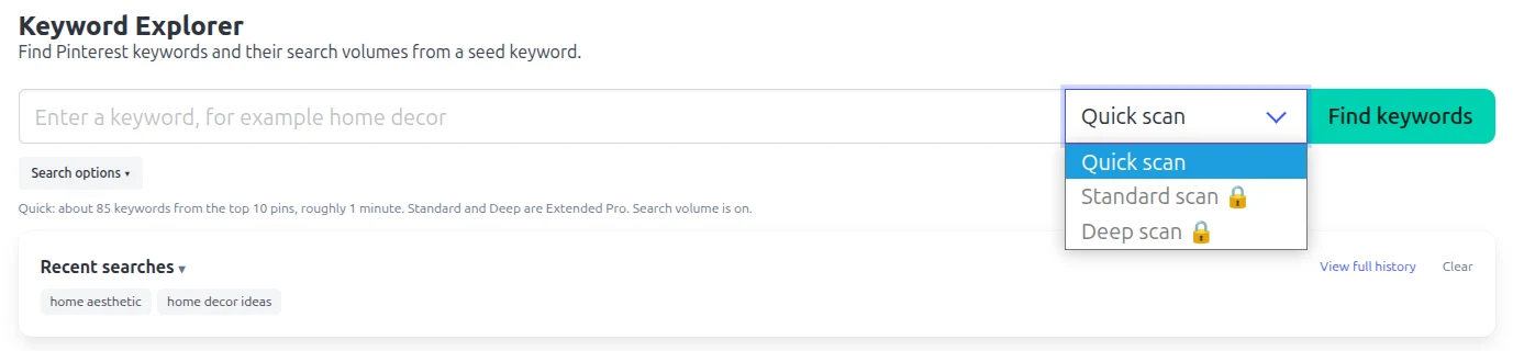 The Keyword Explorer screen in the Pin Stats extension, with a seed keyword box and the scan menu open showing Quick scan, and Standard scan and Deep scan locked for Extended Pro