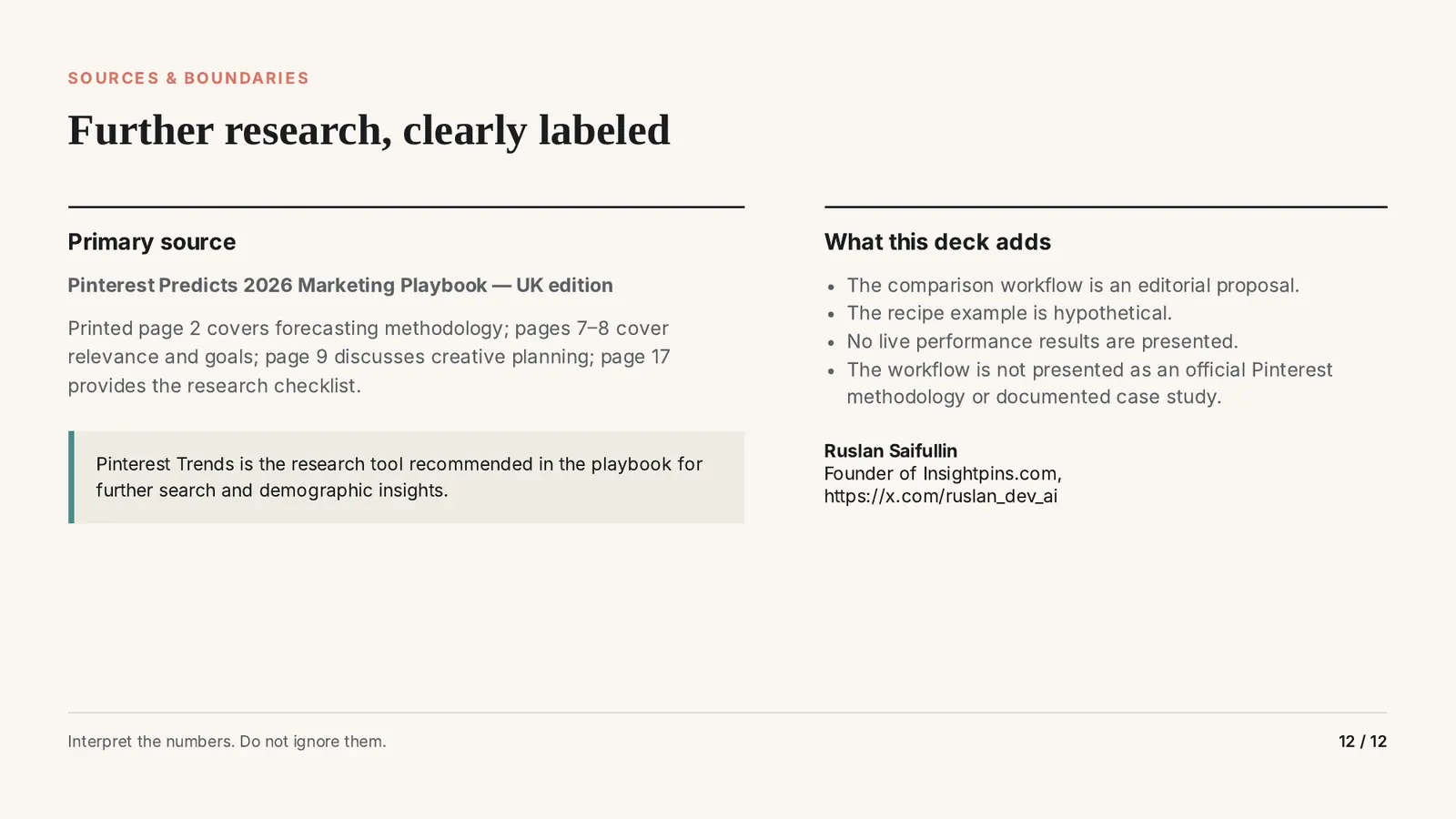 Slide 12 of 12: Further research, clearly labeled. The primary source and what this deck adds.